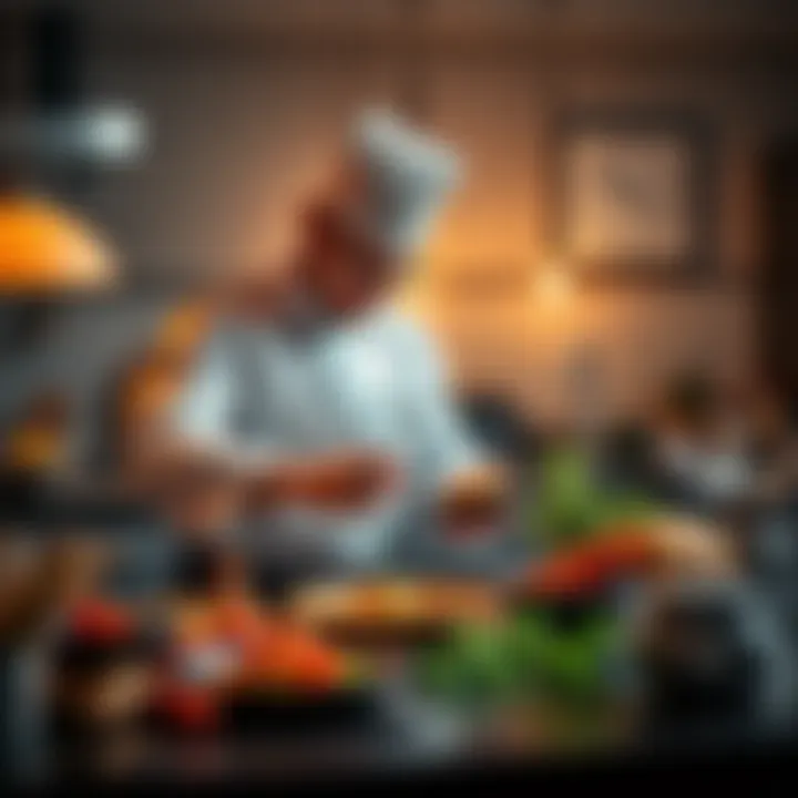 A renowned chef prepares a gourmet dish in a stylish kitchen, surrounded by fresh ingredients and cooking tools.