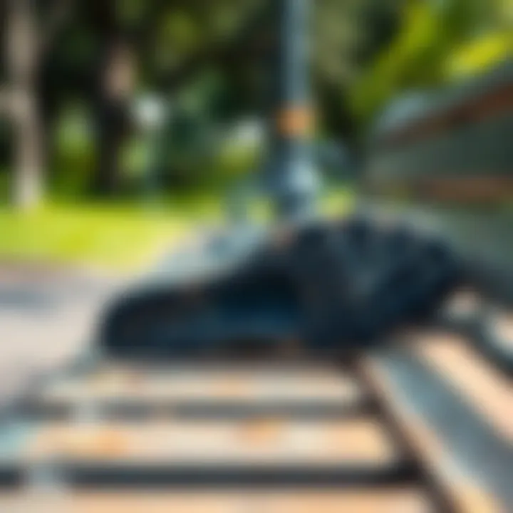 A close-up of a worn-out shoe sole resting on a park bench, showing signs of wear and tear that reflect a story of resilience