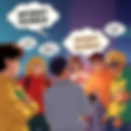 Worst Quirks Brainstorm A group of My Hero Academia fans discussing quirky and undesirable superpowers, featuring thought bubbles with silly ideas.