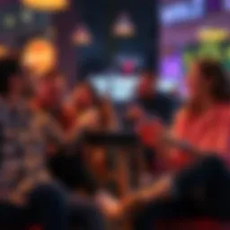 People engaging in a game of Would You Rather A group of friends sitting together, laughing and discussing various Would You Rather scenarios, with playful expressions on their faces.