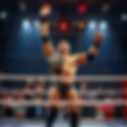 A wrestling superstar stands triumphantly in the ring, smiling and raising a championship belt, surrounded by cheering fans.