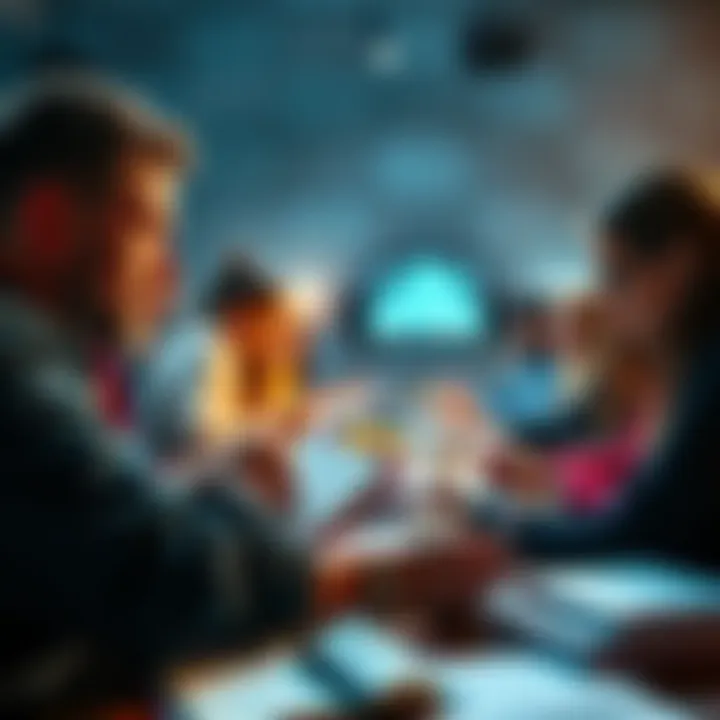 A group of writers at a competition showcasing their work with notepads and pens, surrounded by books and notepads.