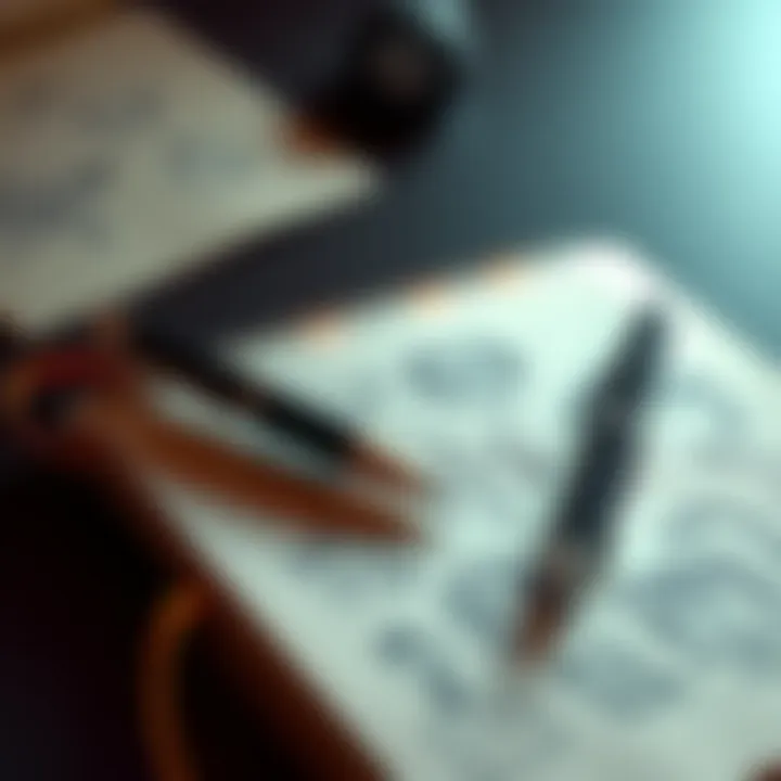An open notebook with a pen and sketches of character elements, illustrating storytelling techniques.