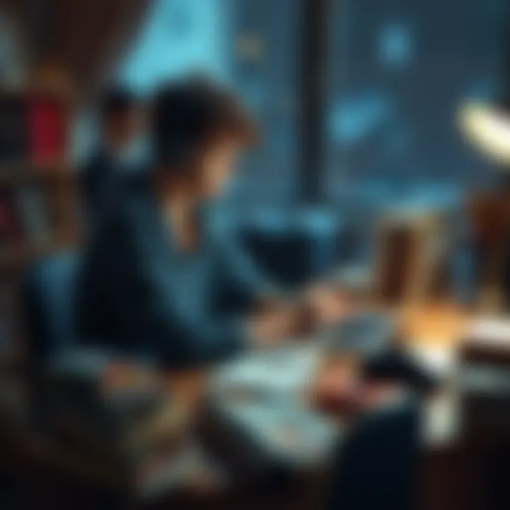 A young person sitting at a desk, writing on a laptop with notes and character sketches nearby, surrounded by fanfiction books, representing creativity and storytelling.