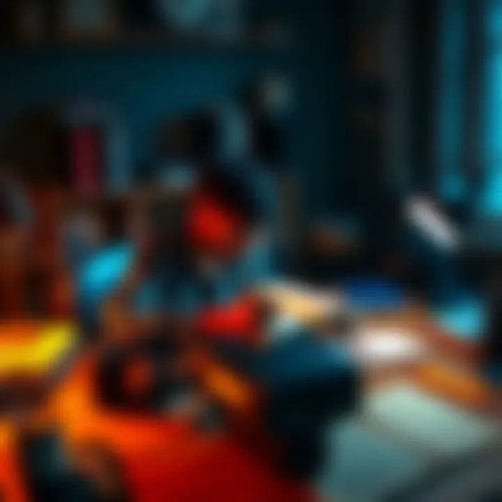 Writing a Story A person sitting at a desk, writing a story with a notebook and pen, surrounded by creative materials.