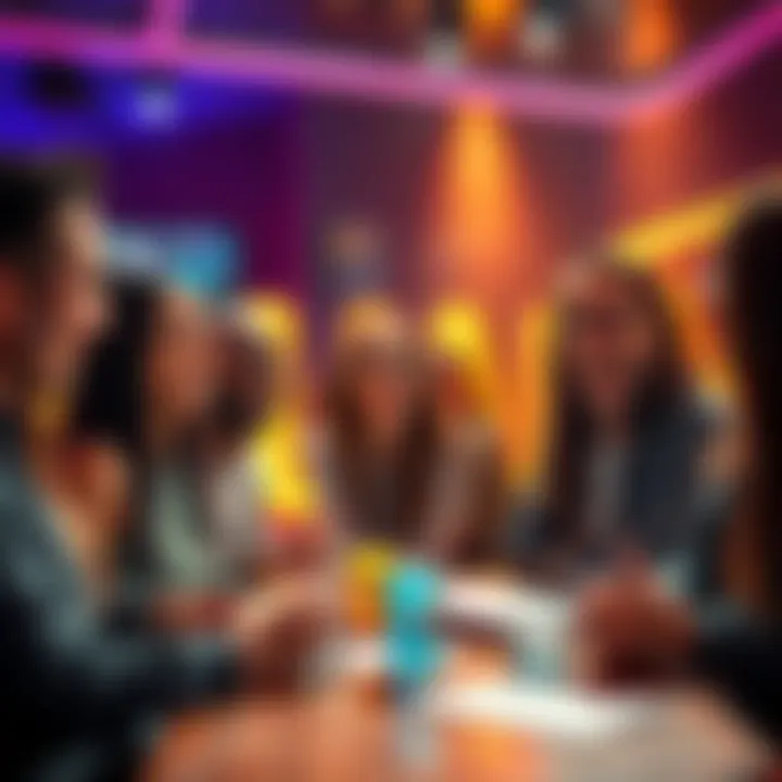 A group of friends laughing and discussing their funny wrong answers in a quiz setting.