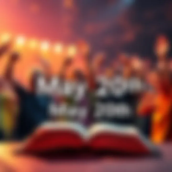 Graphic showing the date May 20th with a book and excited fans in the background