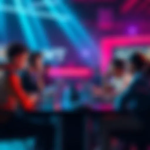A group of gamers discussing their WT team setups and strategies around a table with laptops and tablets