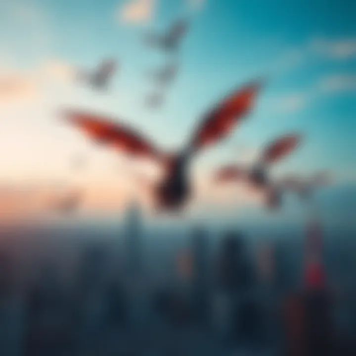 A flock of large, dragon-like creatures soaring in the sky above the Tokyo skyline, with a cityscape visible below.