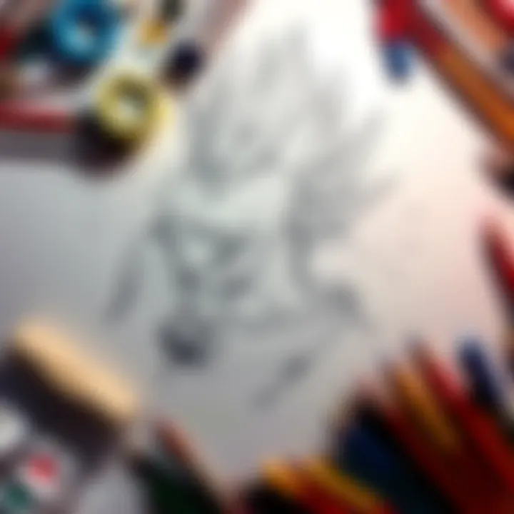 A drawing in progress showing a character from Xenoverse Cac, with rough outlines and sketches, surrounded by art supplies.