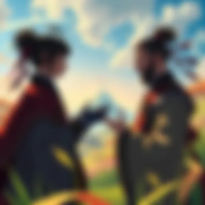 Two main characters yZero and BenKei discussing key story moments in Kingdom 868, surrounded by a vivid fantasy landscape.