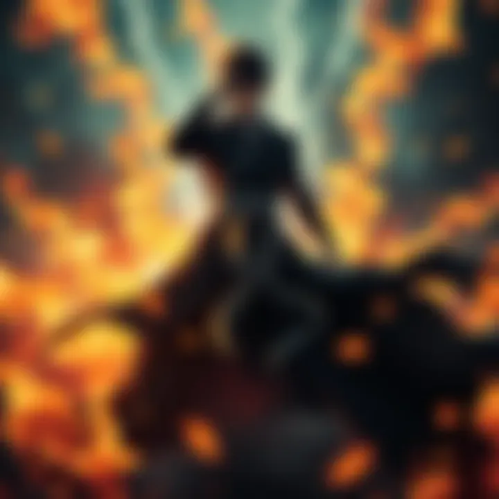 Yamamoto stands powerfully, flames surrounding him as he prepares to unleash his Bankai, showcasing immense strength and intensity during the battle scene.