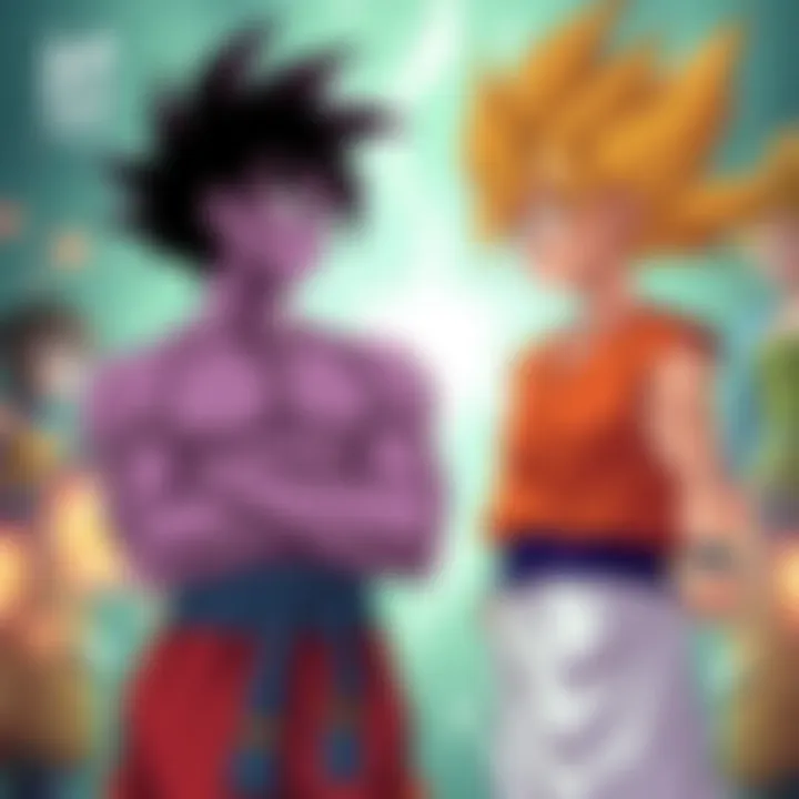 Yamcha stands confidently while discussing Frieza's strategies, showcasing a tense atmosphere with a backdrop of battle scenes from the series.