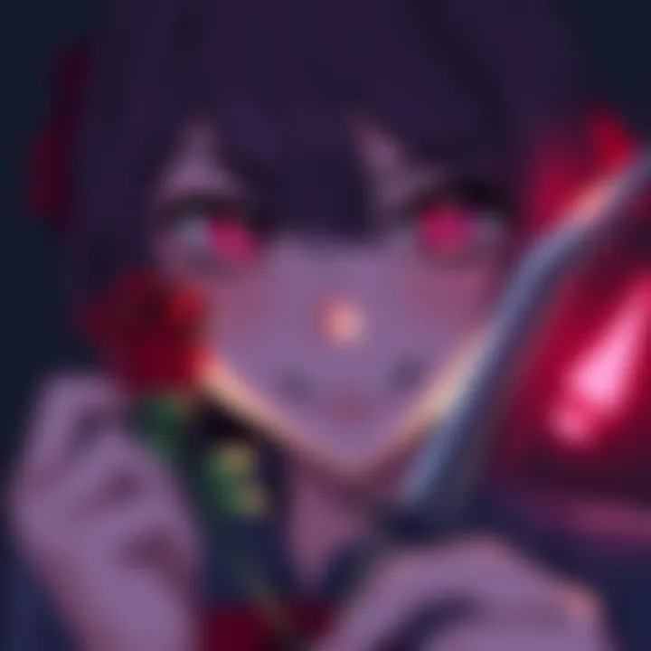 A close-up of a Yandere character with intense eyes and a playful smile, holding a rose in one hand and a knife in the other, surrounded by a dark background.