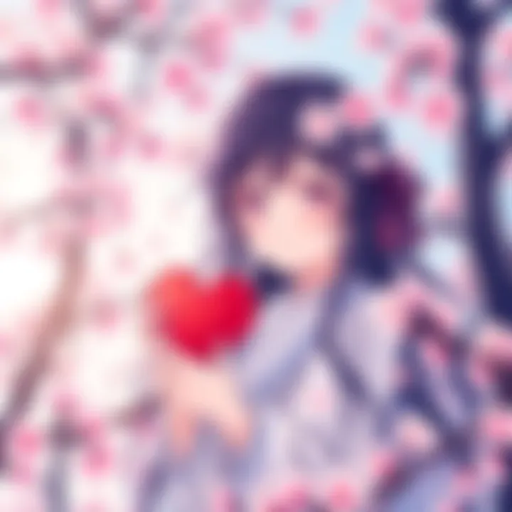 Illustration of a Yandere Waifu character with a loving expression, holding a heart, surrounded by cherry blossoms.