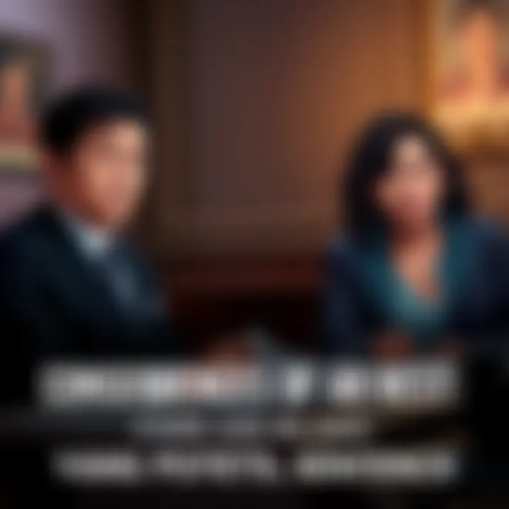 A courtroom scene with a judge, Yang and Blake looking concerned, legal documents on a table