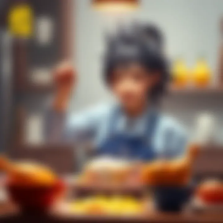 A character named Yang using her hair to cook a chicken, with playful kitchen elements around her.