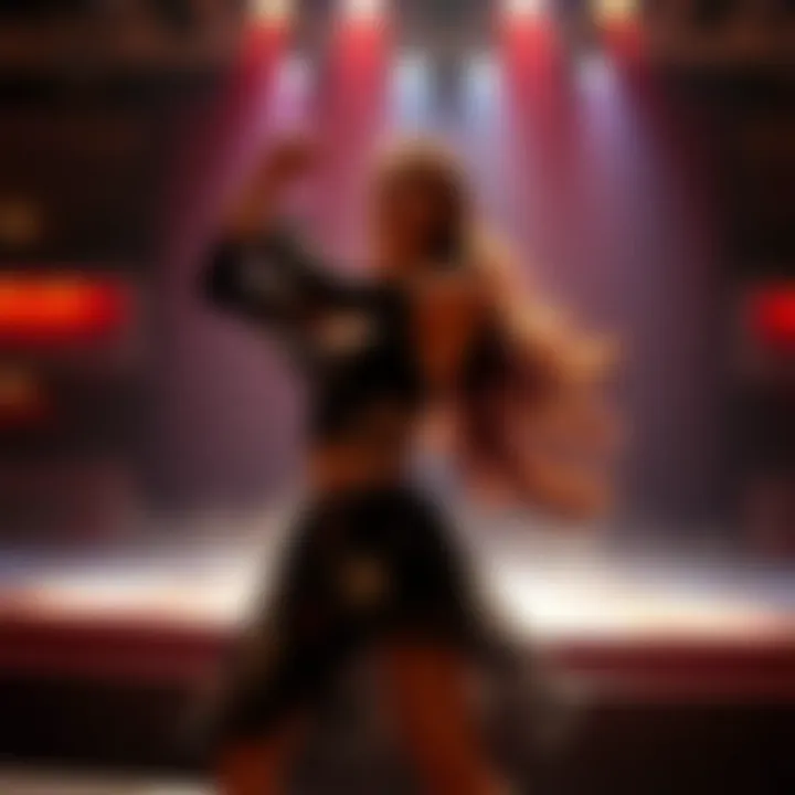 Yang performing dramatically on stage, showcasing her confident physical presence and expressive character development