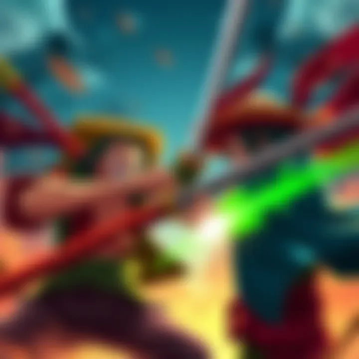 Yasopp and Zoro facing off with swords drawn, ready to fight in an intense duel.