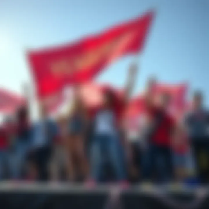 A diverse group of strong individuals united, holding banners that symbolize courage and change, standing together in a powerful stance at a rally.