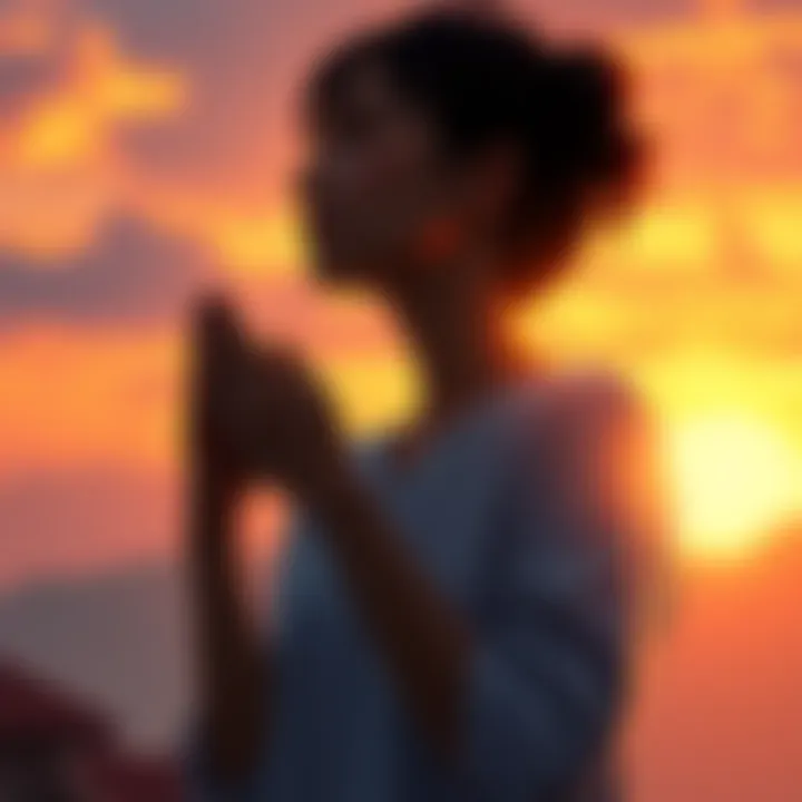 A person stands with hands clasped, eyes closed, expressing deep emotion and longing for Cheelai, with a sunset in the background.