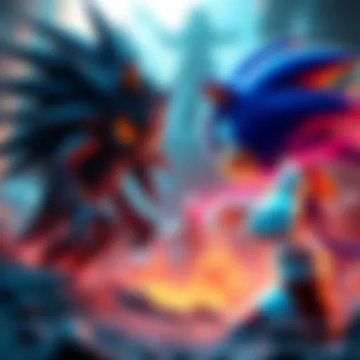 Yhwach and Sonic the Hedgehog confront each other in an epic battle setting, with Yhwach showcasing his dark energy and Sonic poised to speed into action.