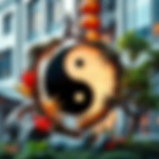 A yin yang symbol surrounded by nature and urban elements, representing balance in contemporary life.