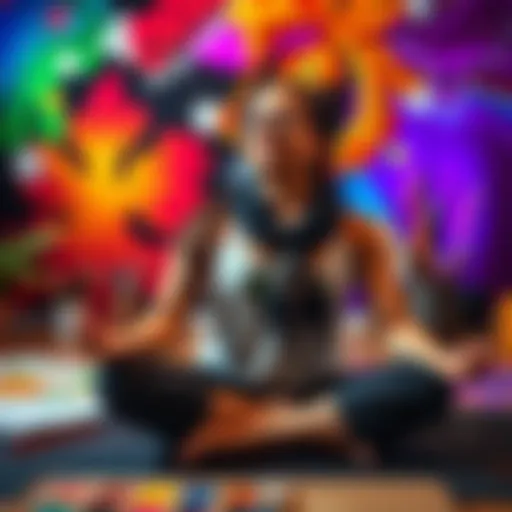 A person practicing yoga with vibrant colors and art supplies around, showcasing creativity and tranquility in each pose.
