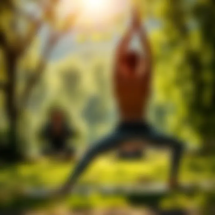 A person practicing yoga outdoors on a sunny day, surrounded by greenery, promoting physical and mental wellness.