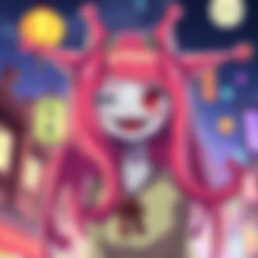 Yokai Girl Pulleyneck A colorful illustration of a Pulleyneck Yokai girl with long hair and a playful expression, showcasing her unique neck and charm in a whimsical setting.