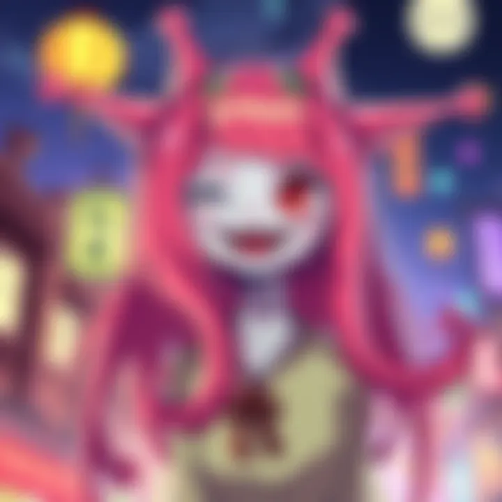 Yokai Girl Pulleyneck A colorful illustration of a Pulleyneck Yokai girl with long hair and a playful expression, showcasing her unique neck and charm in a whimsical setting.