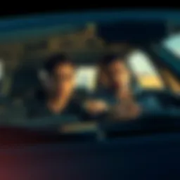Yor is in a car, pursuing Loid, who is driving away. The scene shows their intense expressions during the chase.