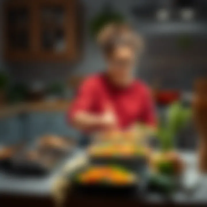 Yor prepares a meal in her cozy kitchen, showcasing her culinary skills with fresh ingredients.