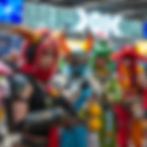 A group of cosplayers dressed as Yor from a popular anime, showcasing vibrant costumes and accessories while posing for photos at a fan event