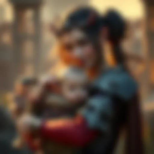 Yor holding her child close while wearing her Thorn Princess outfit with a gentle smile, showcasing her dual nature of a caring mother and a fierce warrior