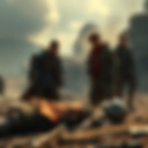 Yor and Franky in a tense army scene Yor stands conflicted over a fallen figure while Franky looks on, highlighting the moral dilemma of their actions