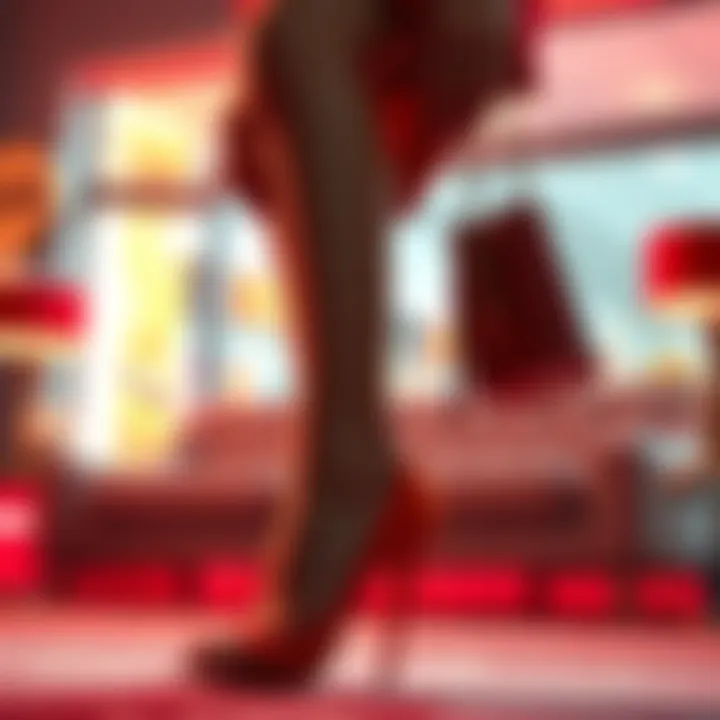 A character wearing luxurious red bottomed heels and displaying a lavish lifestyle with fashionable attire.