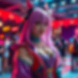 A person dressed as Yorozu, displaying a detailed and colorful costume, showcasing their craftsmanship in a lively event setting.