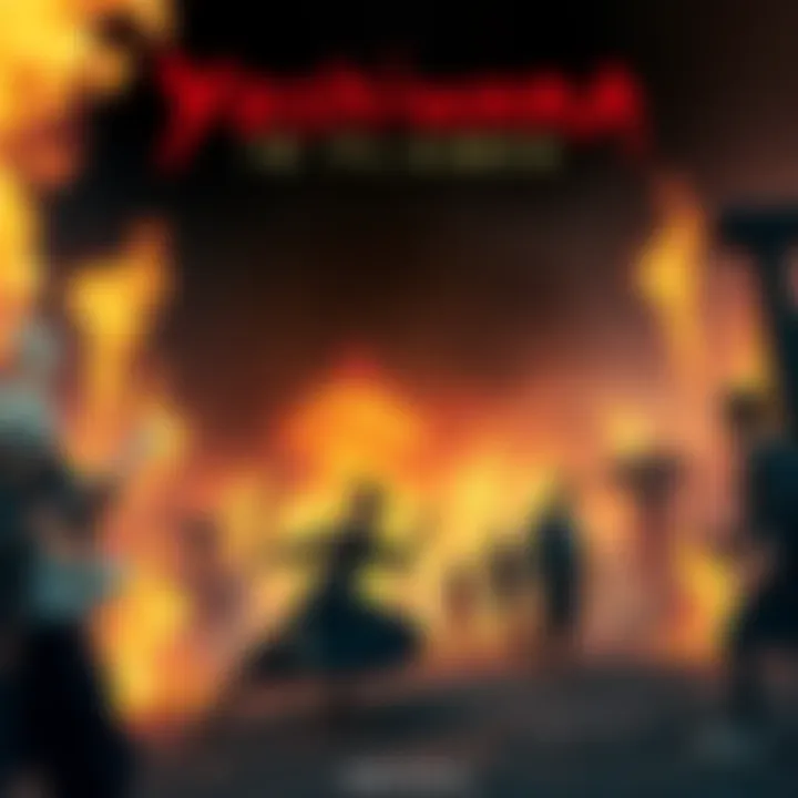 A dramatic scene featuring characters in an intense battle surrounded by flames in Yoshiwara