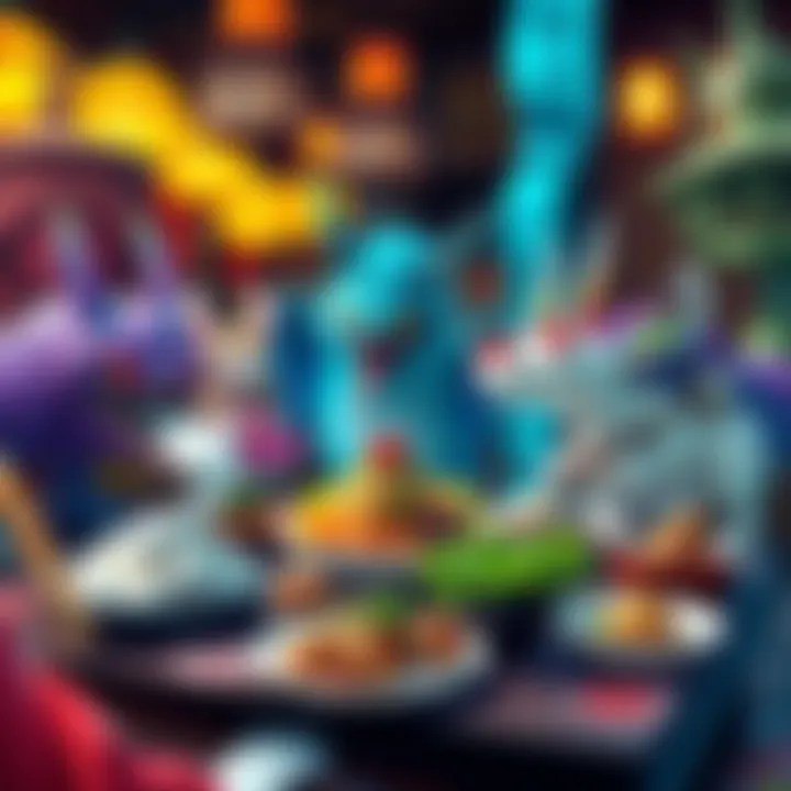 A colorful spread featuring various mythical Youkai-inspired dishes, surrounded by traditional Japanese decor.