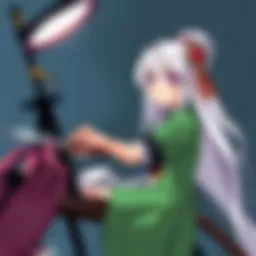 An artist sketching and adding color to Youmu Konpaku, a character with a traditional Japanese look, featuring long white hair and a green outfit holding a sword.