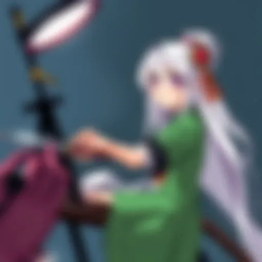 An artist sketching and adding color to Youmu Konpaku, a character with a traditional Japanese look, featuring long white hair and a green outfit holding a sword.