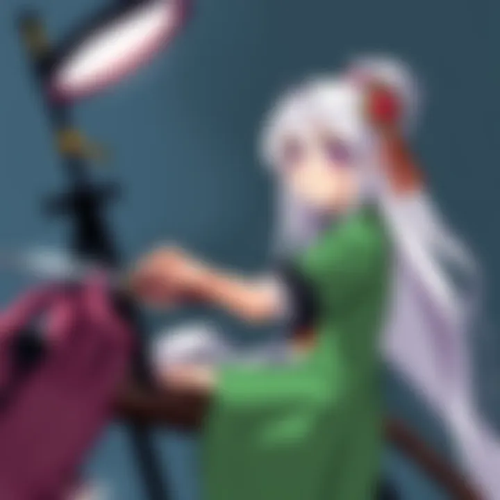An artist sketching and adding color to Youmu Konpaku, a character with a traditional Japanese look, featuring long white hair and a green outfit holding a sword.