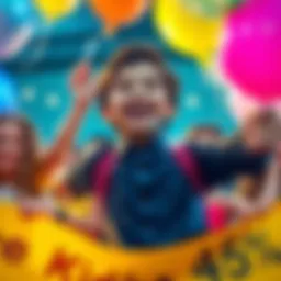 A young individual excitedly celebrating reaching a milestone of 45% with a big smile, surrounded by friends holding balloons and banners.