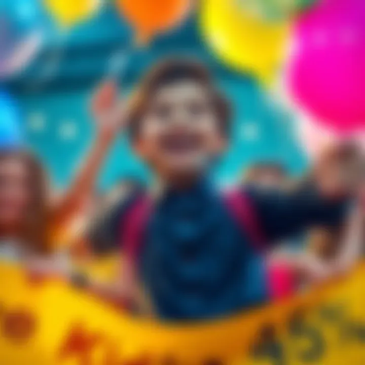 Young achiever celebrating success A young individual excitedly celebrating reaching a milestone of 45% with a big smile, surrounded by friends holding balloons and banners.