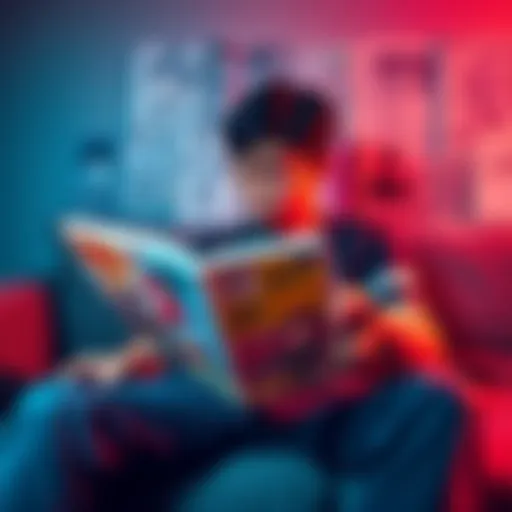 A 22-year-old person sitting comfortably on a couch, absorbed in a colorful manga book with various manga illustrations in the background.