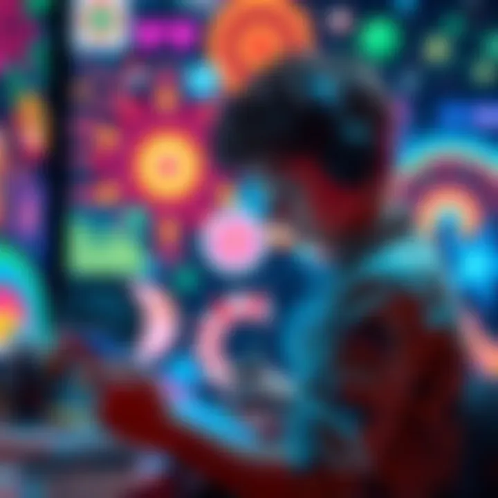 A young artist works on a digital tablet, surrounded by colorful digital art pieces, representing creativity and innovation in AI art.