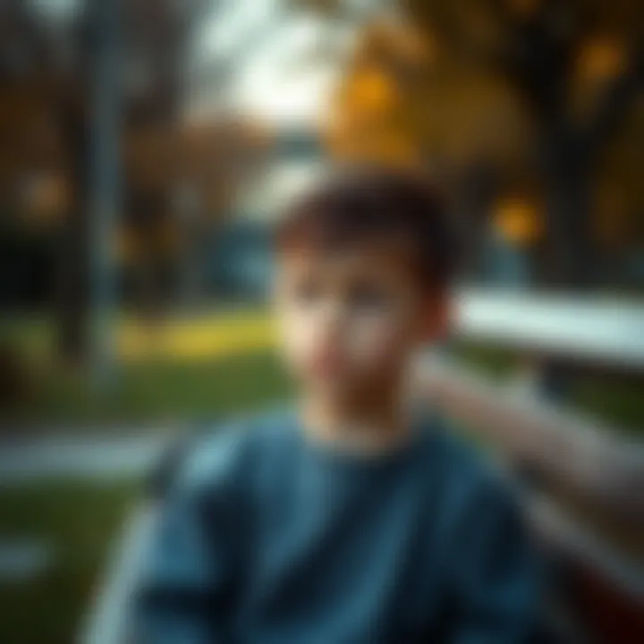 A young boy sitting on a park bench with a worried expression, contemplating tough choices ahead.
