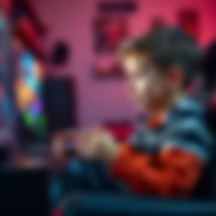 A young boy focused on playing a video game, with a console controller in hand and a relaxed expression on his face, surrounded by gaming equipment.