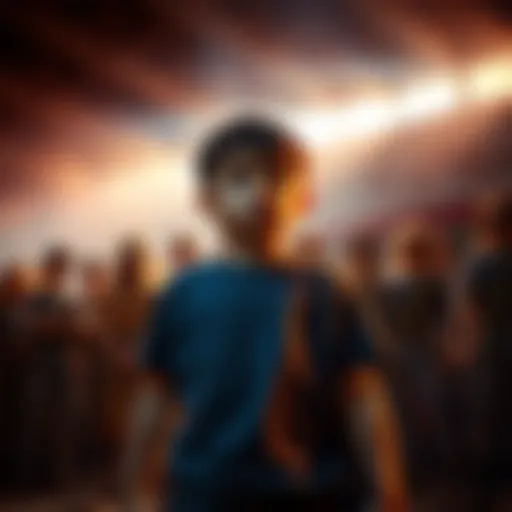 A young boy stands confidently, surrounded by dramatic lighting symbolizing strength, with puzzled onlookers in the background.